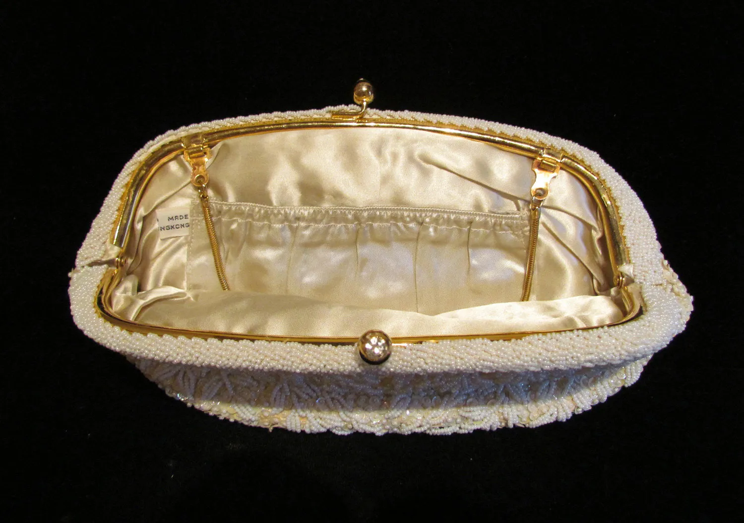 1940s White Beaded Purse Vintage Clutch Purse Sequins Rhinestone With Matching Eye Glass Case Mint Unused