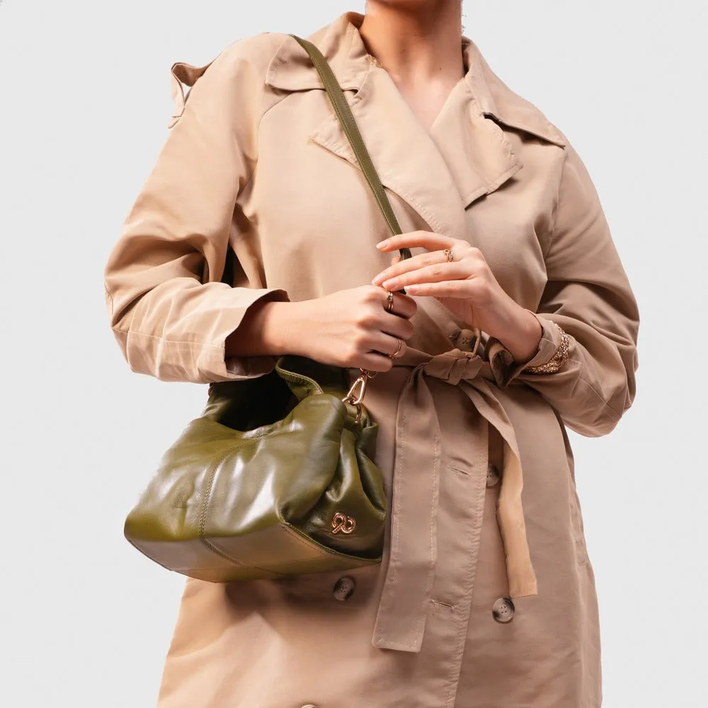 90 Feet Leaf Green Real Leather Bucket Sling/Potli Bag