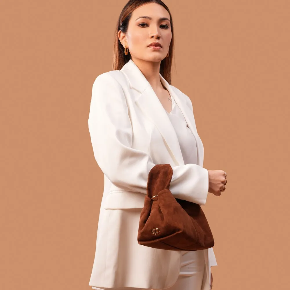 90 Feet Ruhi Brown Real Suede Bucket Sling/Potli bag