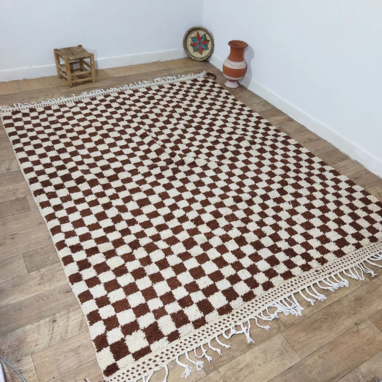 Brown Handmade Rug, White and Brown Checkered Rug - Berber style wool rug from Morocco - Modern rug