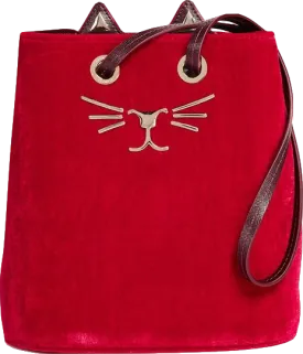 Charlotte Olympia Red Feline Cat Bucket Bag Velvet Cross Body/top Handle One Size