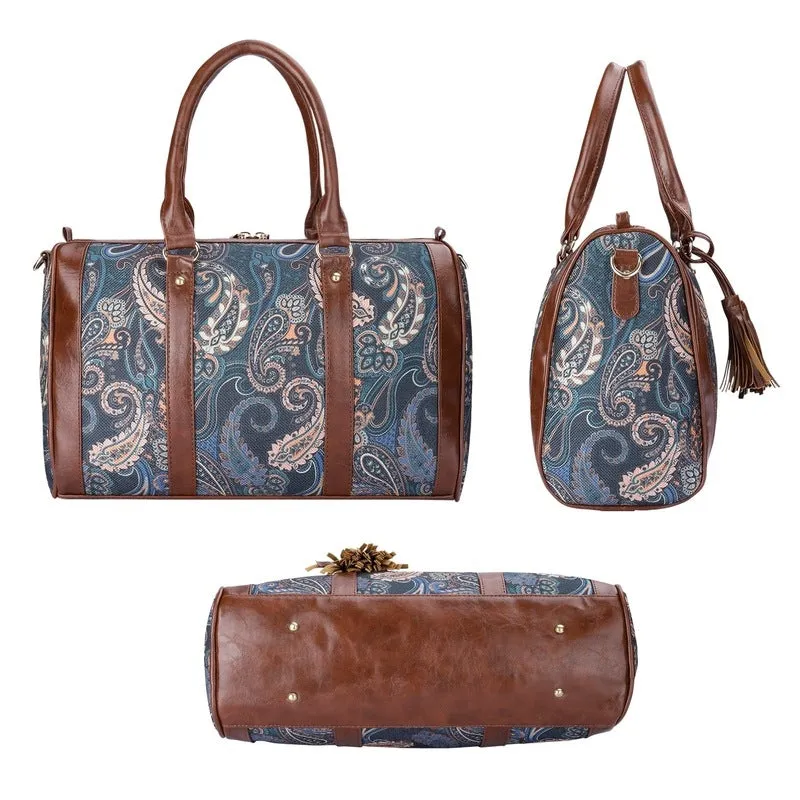 Combo: Lorna Printed Handicraft Fabric & Faux Leather Handbag Sling Bag | Peacock Blue-Floral | Ideal for Daily Use