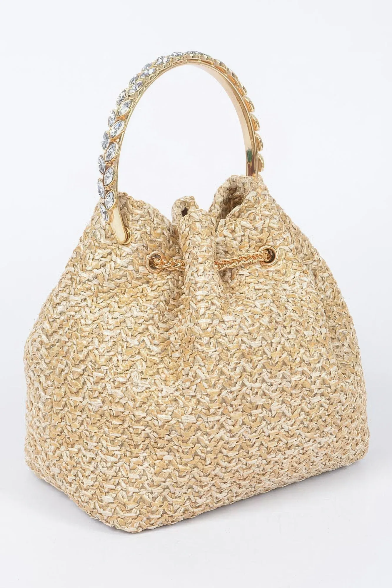 Faux Straw Bucket Bag with Stone Handle