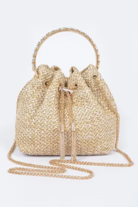 Faux Straw Bucket Bag with Stone Handle