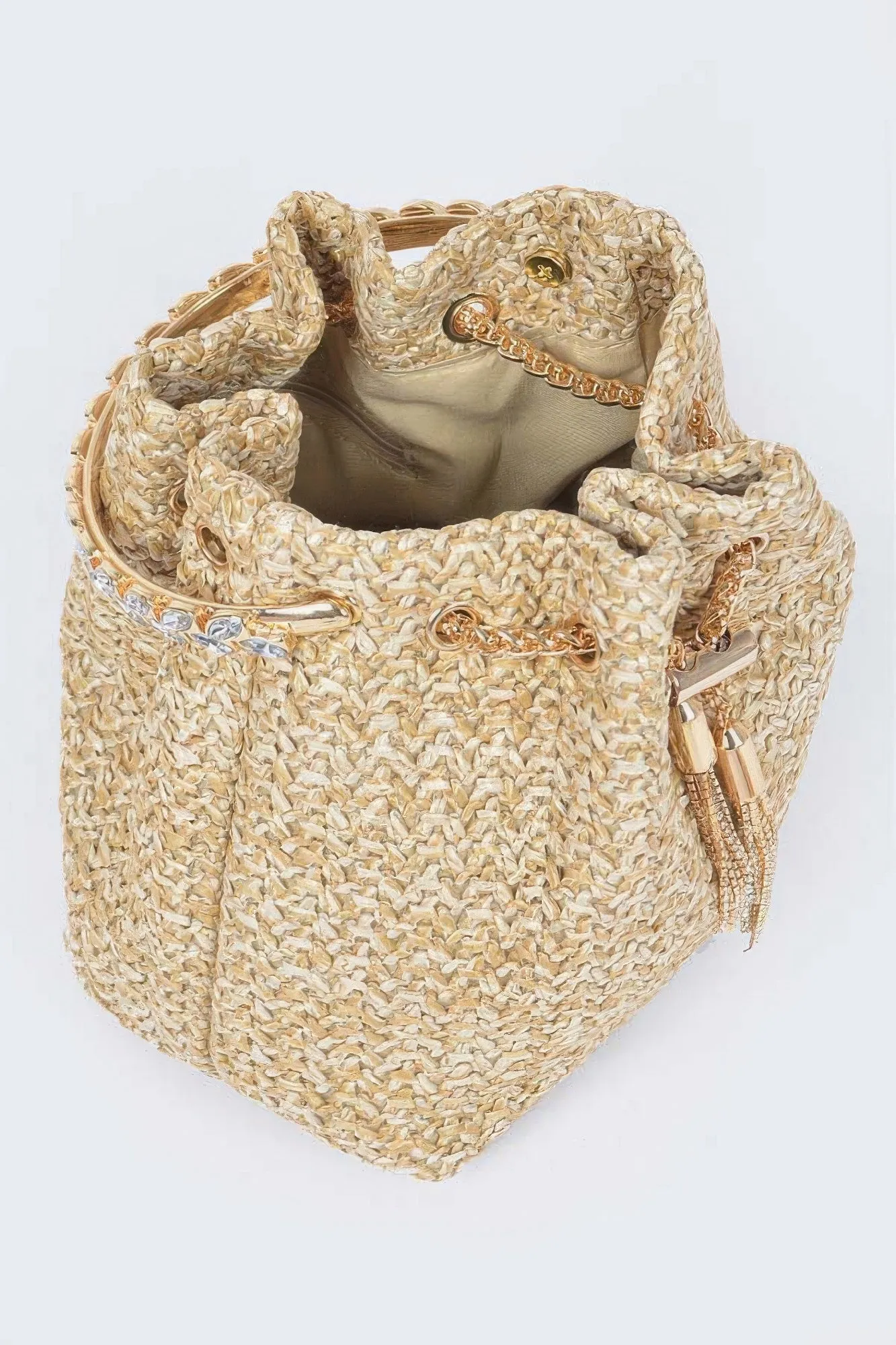 Faux Straw Bucket Bag with Stone Handle