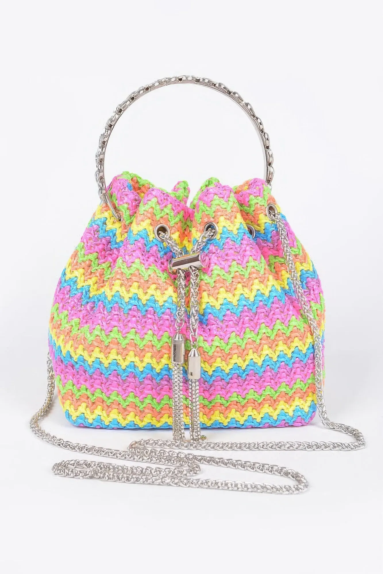 Faux Straw Bucket Bag with Stone Handle