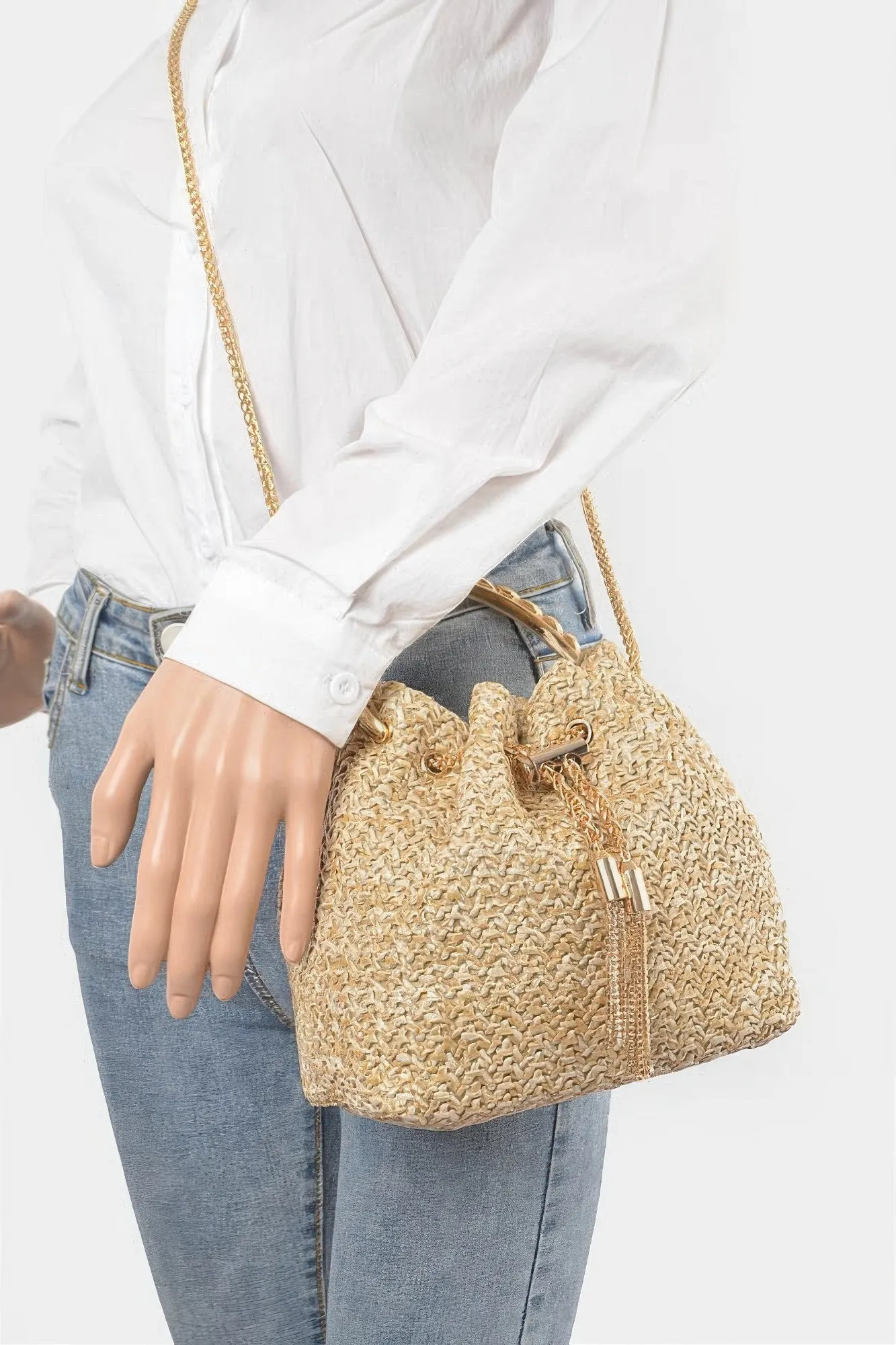 Faux Straw Bucket Bag with Stone Handle