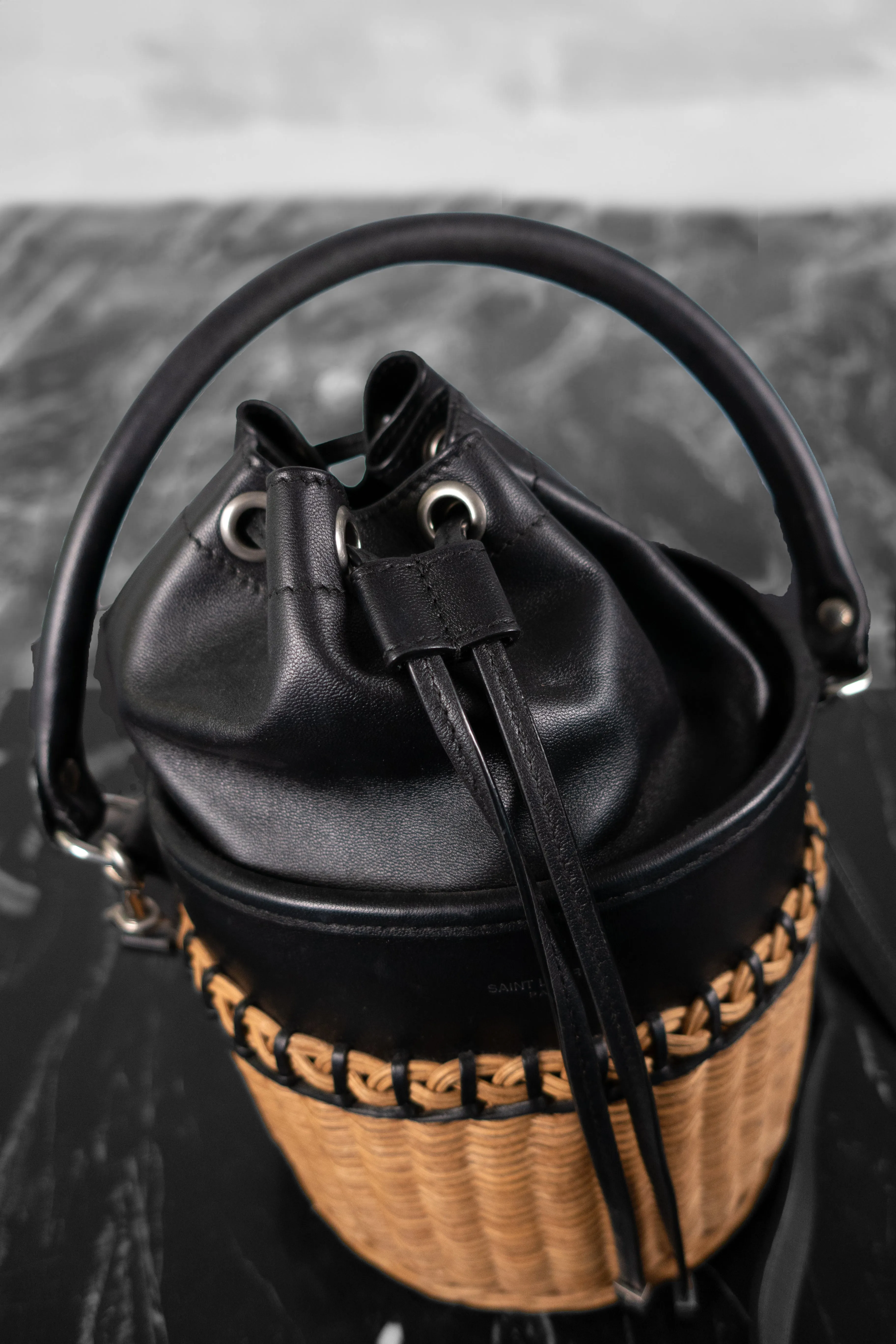 Saint Laurent Calfskin Wicker Small Bahia Bucket Bag