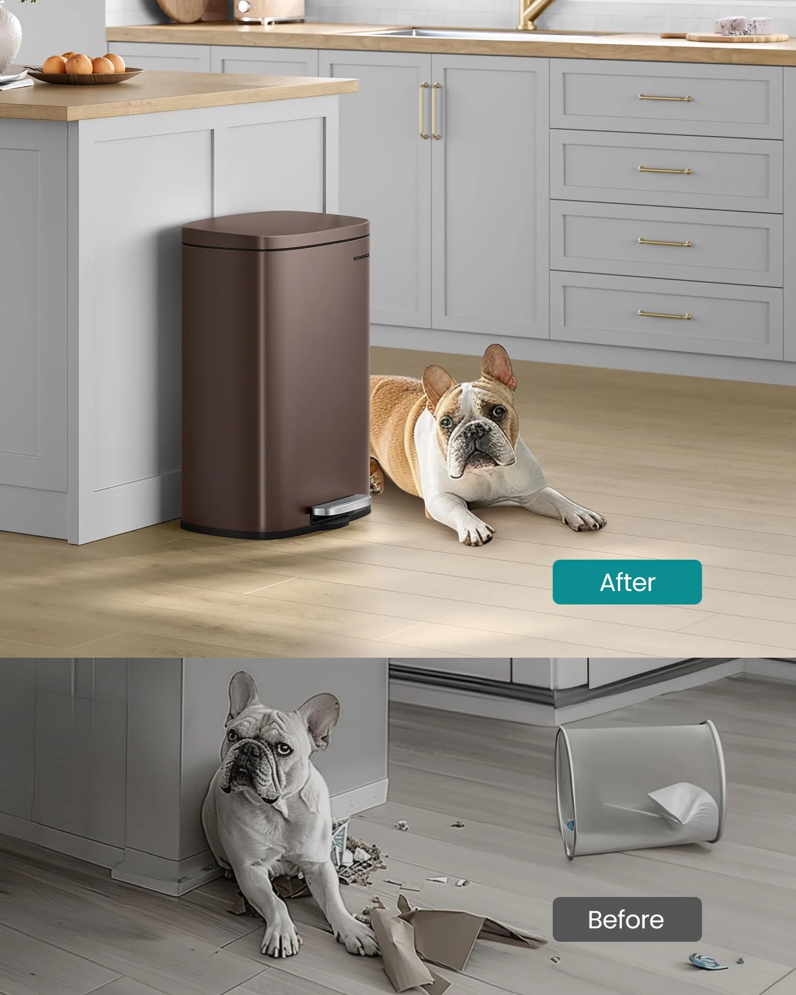 SONGMICS 13 Gallon (50 L) Trash Can, Stainless Steel Kitchen Garbage Can, Recycling or Waste Bin, Soft Close, Step-On Pedal, Removable Inner Bucket, Brown ULTB50BR