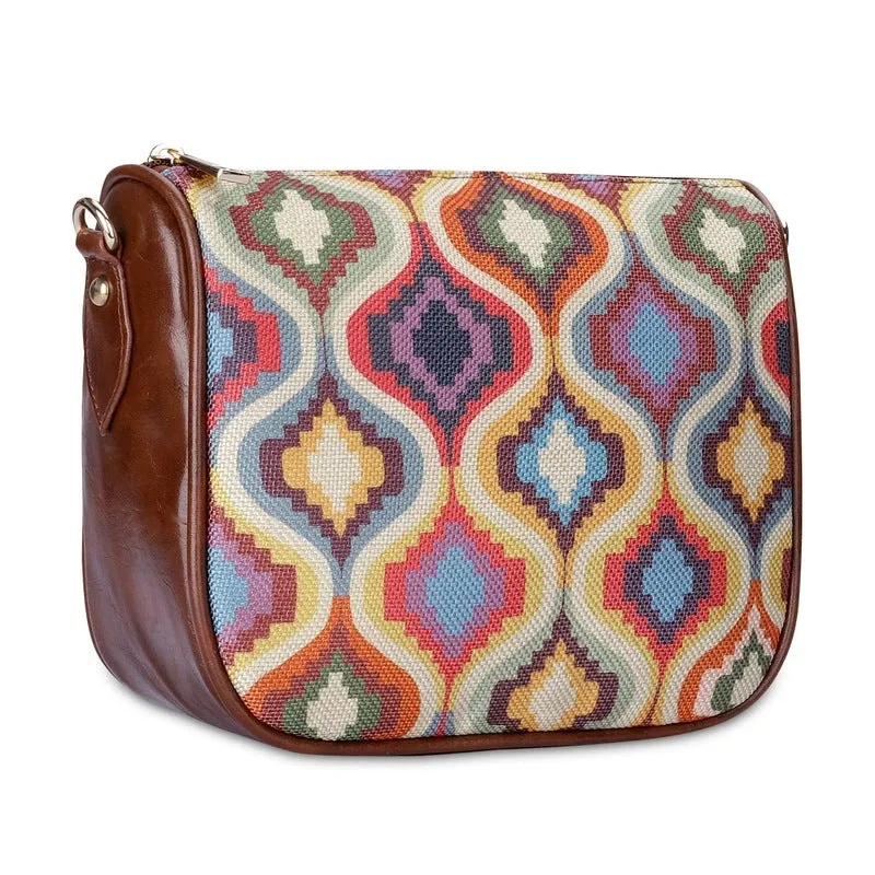 THE CLOWNFISH Garnet Series Printed Handicraft Fabric & Tapestry Crossbody Sling Bag for Women Ladies Single Shoulder Bag Shoulder Belt (Peacock Blue-Floral)