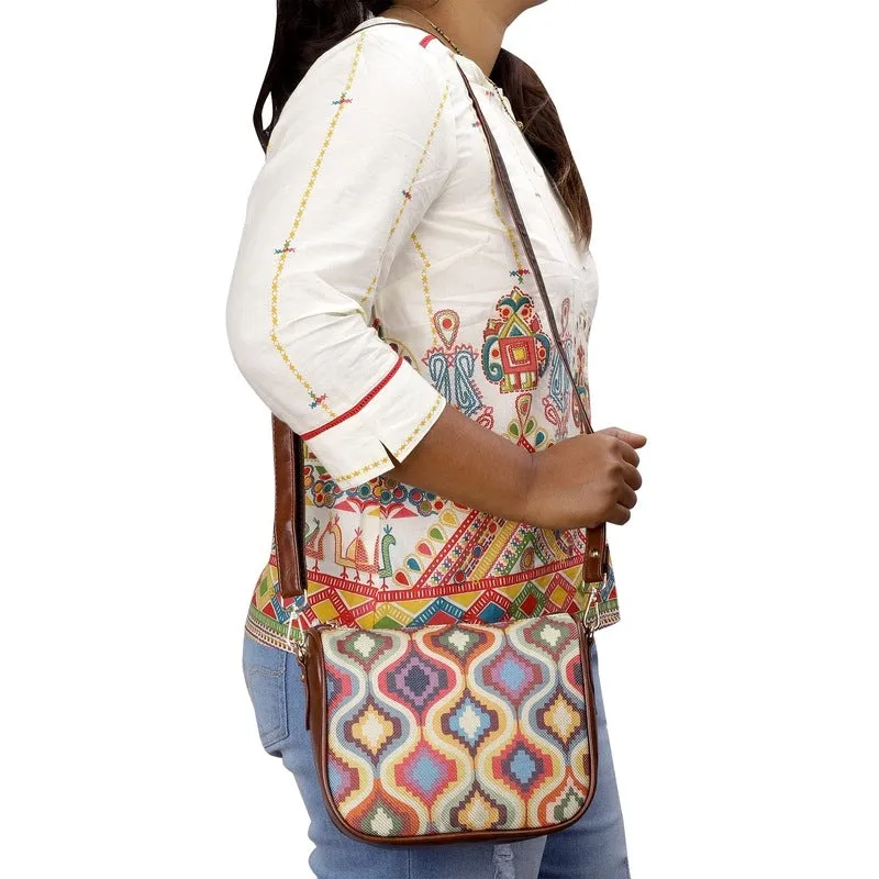 THE CLOWNFISH Garnet Series Printed Handicraft Fabric & Tapestry Crossbody Sling Bag for Women Ladies Single Shoulder Bag Shoulder Belt (Peacock Blue-Floral)